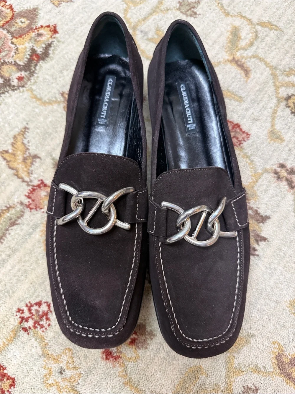 Claudia Ciuti Dark Brown Suede Slip-On Loafers with Silver Chain Accent